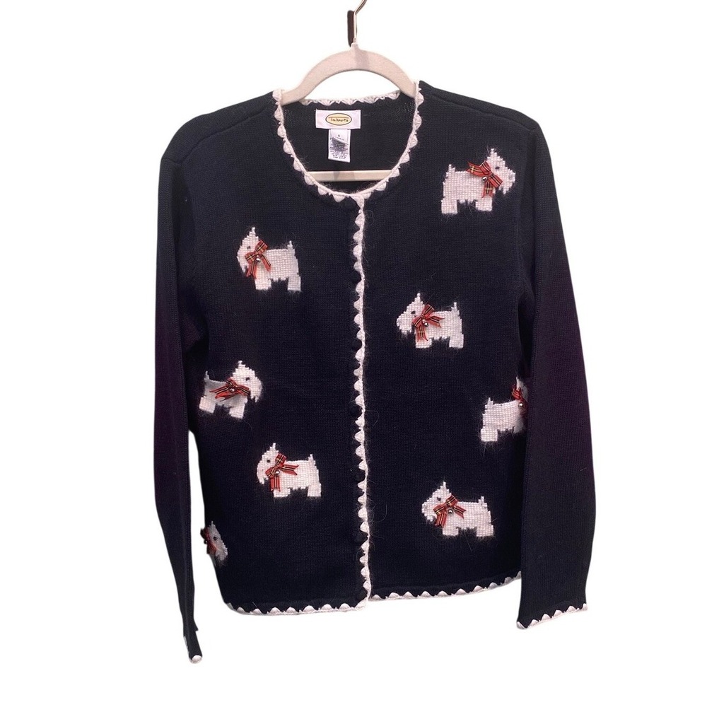 Talbots blk S Scottie Dog Cardigan Preppy Coquette Cottagecore Whimsical Sweater
